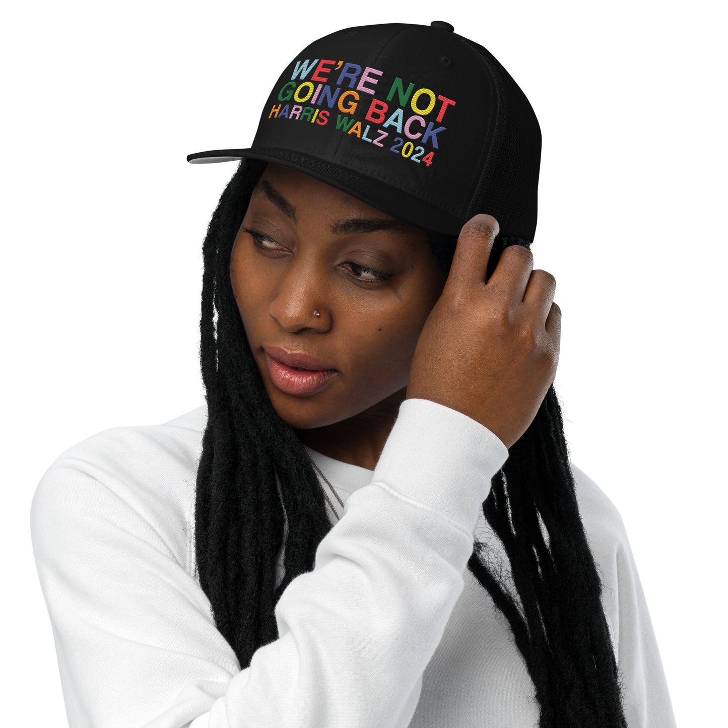 We're Not Going Back | Harris Walz 2024 Solid Color 3D Puff Embroidered Trucker Cap (5 colors)