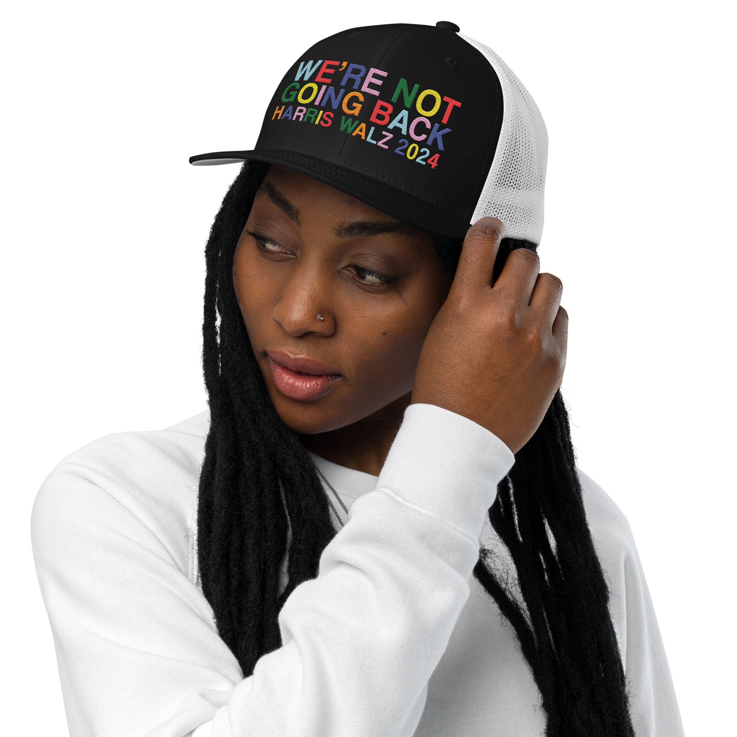 We're Not Going Back | Harris Walz 2024 Solid Color 3D Puff Embroidered Trucker Cap (5 colors)