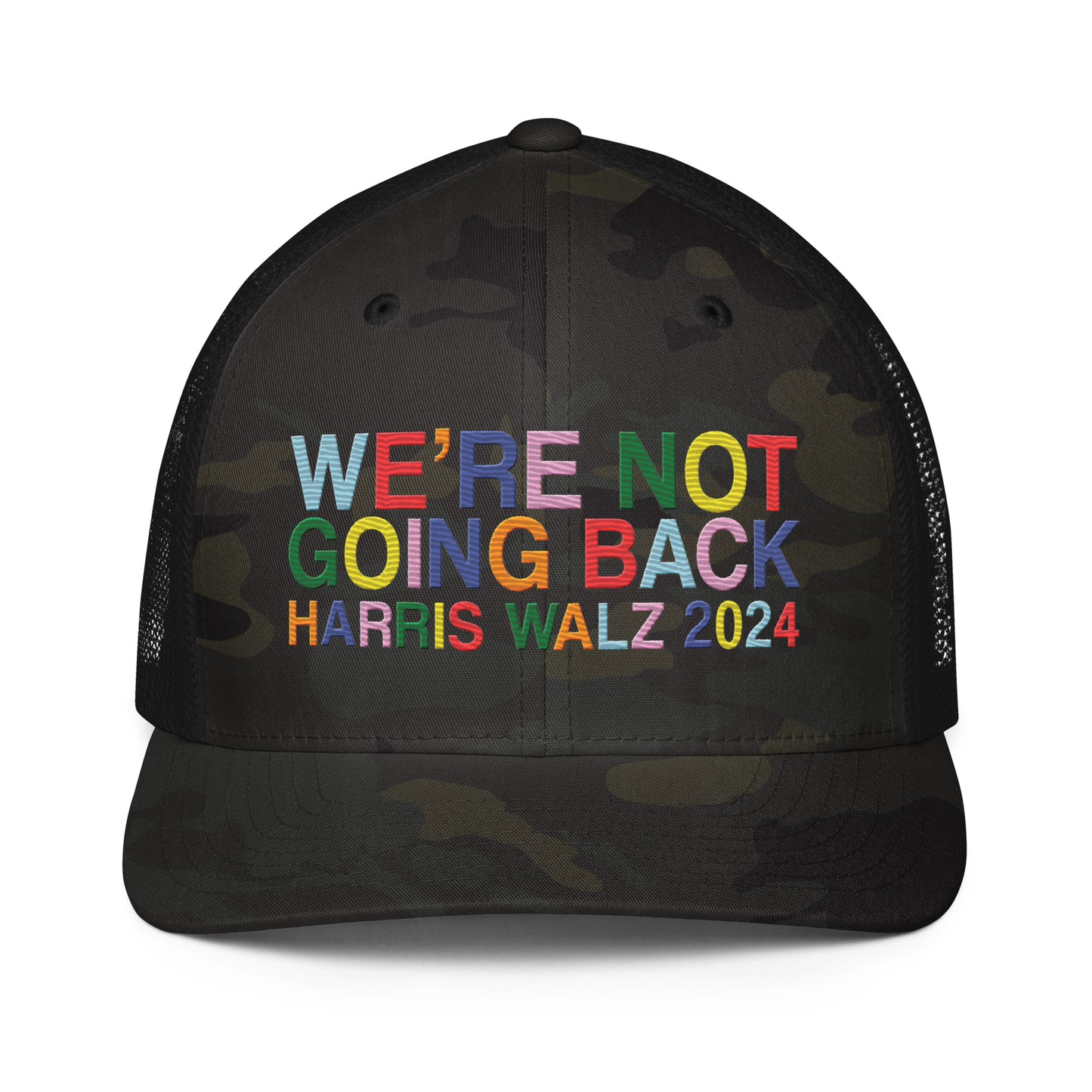 We're Not Going Back | Harris Walz 2024 Camo 3D Puff Embroidered Trucker Cap (2 colors)