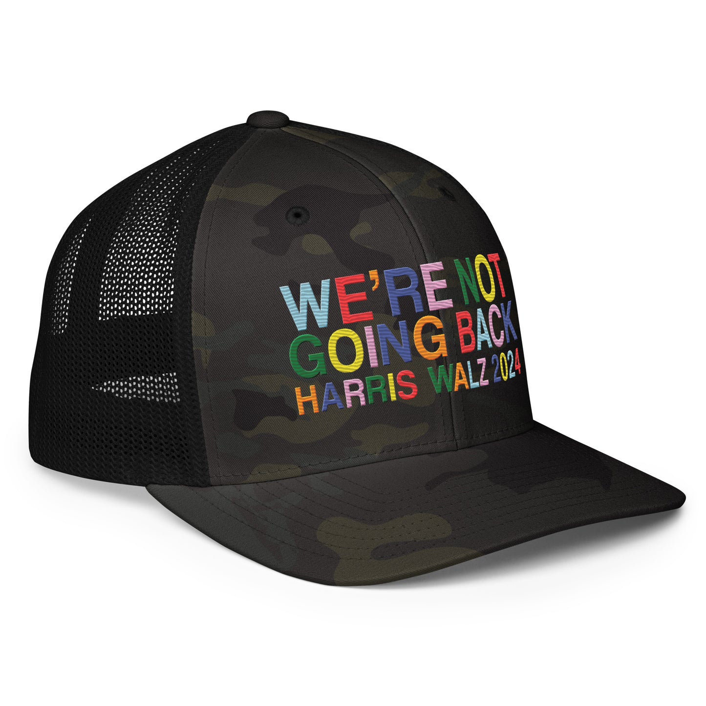 We're Not Going Back | Harris Walz 2024 Camo 3D Puff Embroidered Trucker Cap (2 colors)