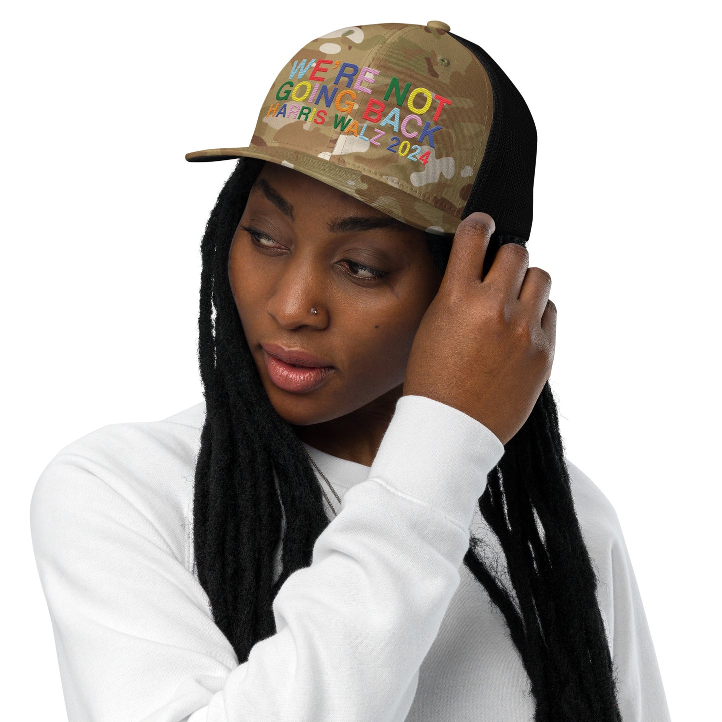 We're Not Going Back | Harris Walz 2024 Camo 3D Puff Embroidered Trucker Cap (2 colors)