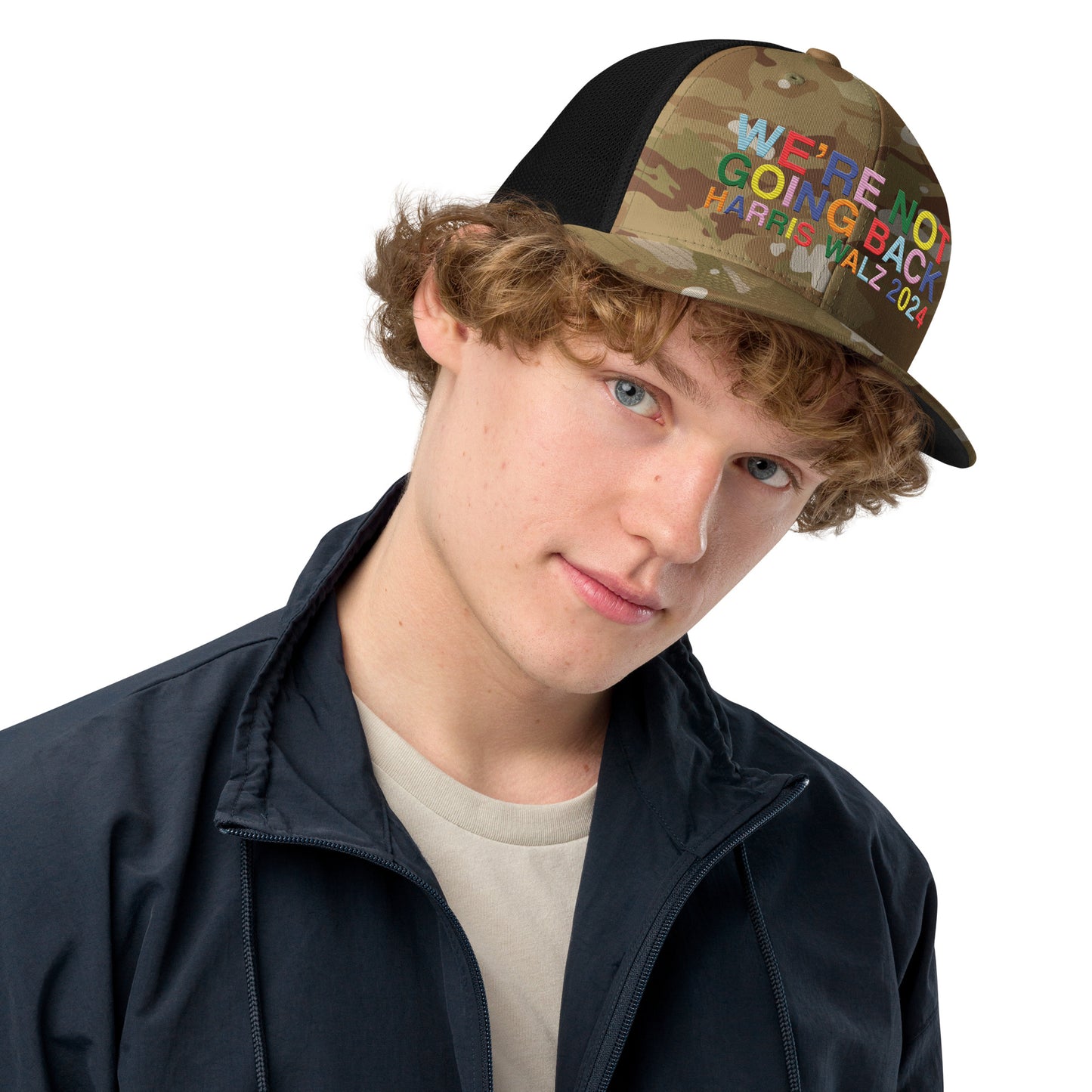 We're Not Going Back | Harris Walz 2024 Camo 3D Puff Embroidered Trucker Cap (2 colors)