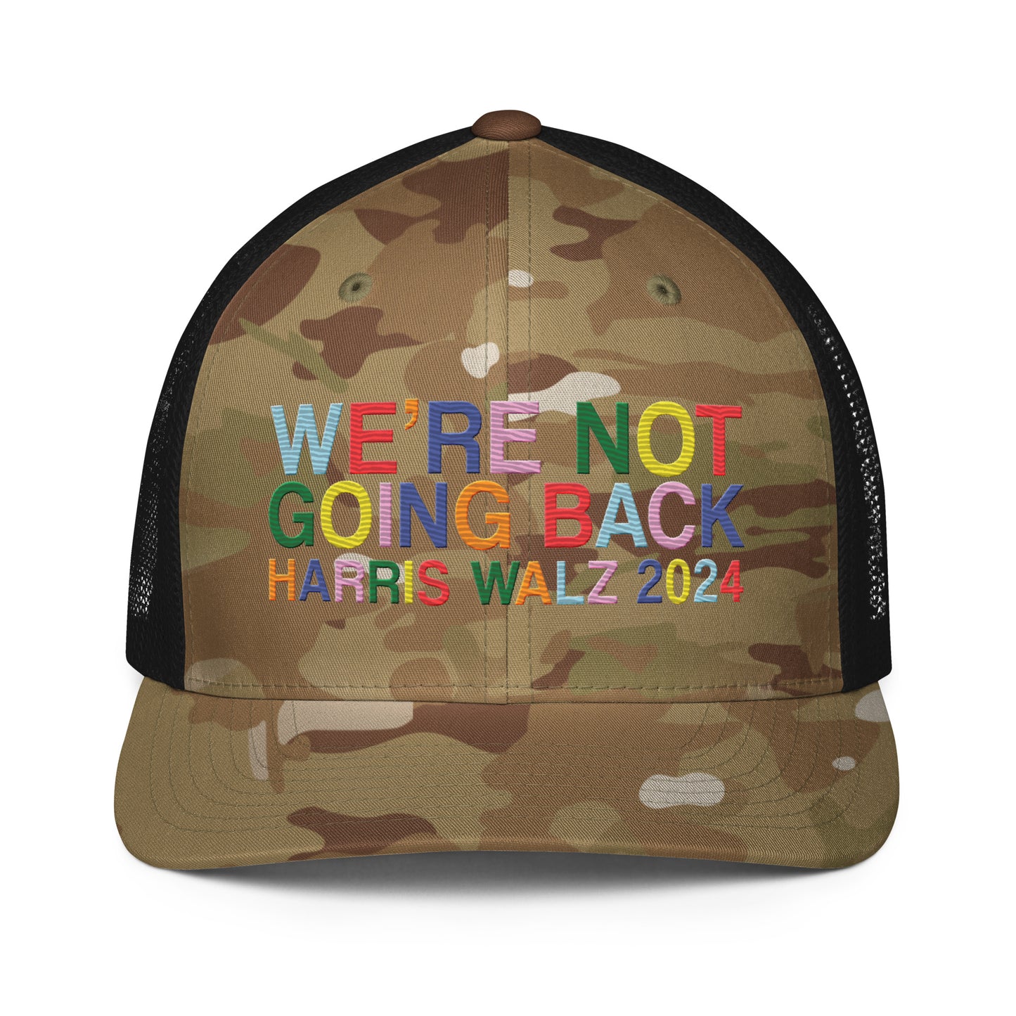 We're Not Going Back | Harris Walz 2024 Camo 3D Puff Embroidered Trucker Cap (2 colors)