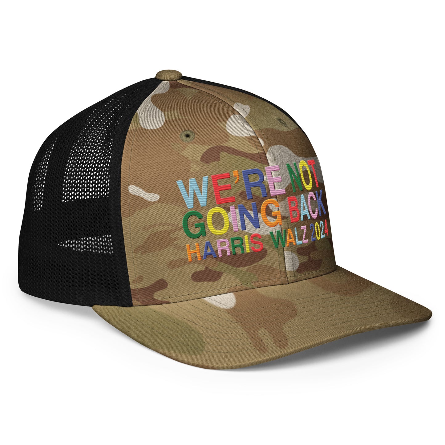 We're Not Going Back | Harris Walz 2024 Camo 3D Puff Embroidered Trucker Cap (2 colors)