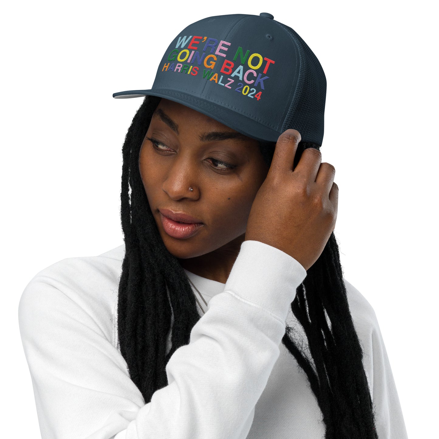 We're Not Going Back | Harris Walz 2024 Solid Color 3D Puff Embroidered Trucker Cap (5 colors)