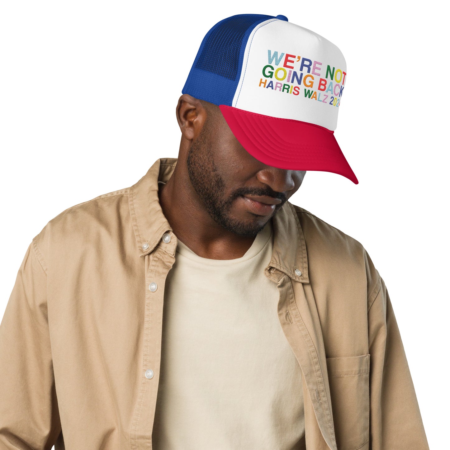 We're Not Going Back | Harris Walz 2024 Colorful Patriot Flat Embroidered Trucker Cap Trucker Hat