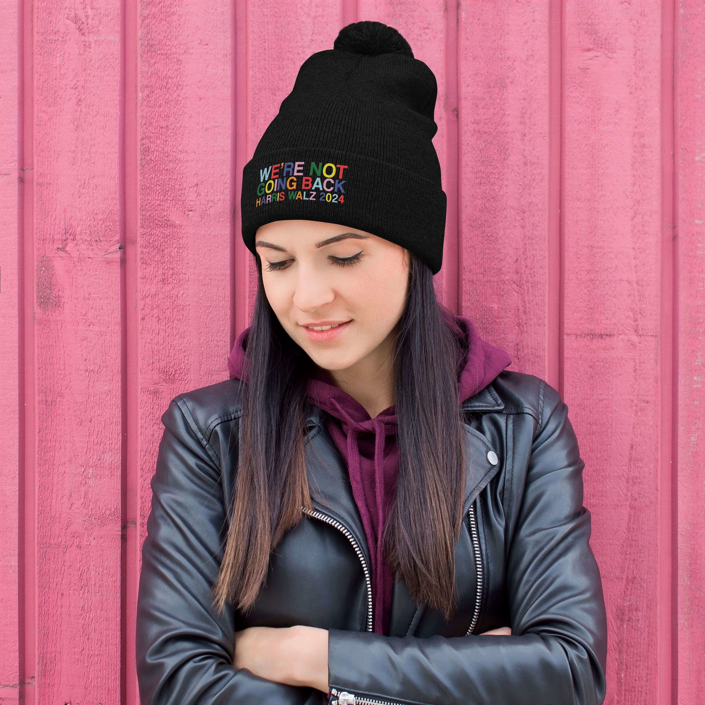 We're Not Going Back | Harris Walz 2024 3D Puff Embroidered Pom Pom Beanie (2 colors)